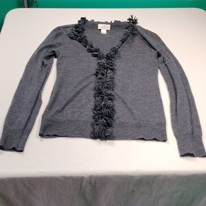 LOFT 51% Merino wool Charcoal Ruffle Snap Up Cardigan Size Small